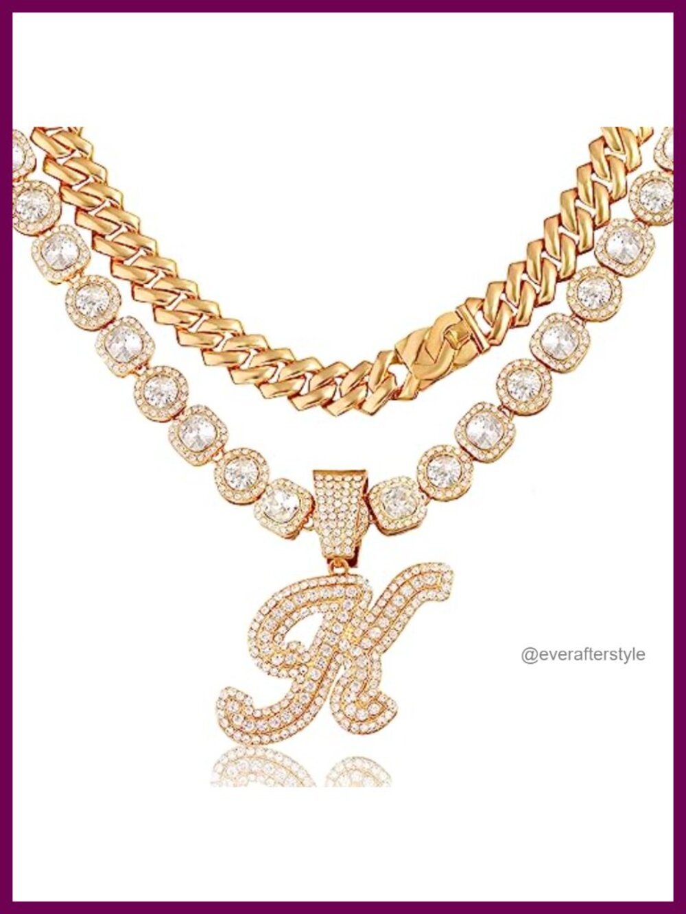 Cuban Link Chain Set Initial Necklace Rhinestone 14mm Hip Hop Jewelry